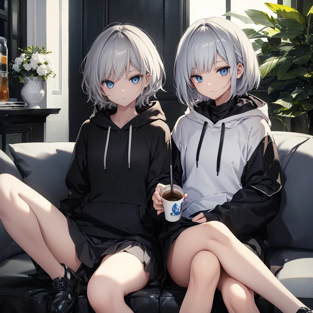 (((1 person　Gray Hair　Sit on the sofa　Crossing your legs)))　((High resolution　short hair　Black hoodie　Black Skirt　Rin々Funny face))　((blue eyes　Close-up))　((Blue Butterfly　Asahi　Shining Aura　Catch the wind　Drink coffee))　(smile　Bathed in light)　Shining Background　Shining Edge