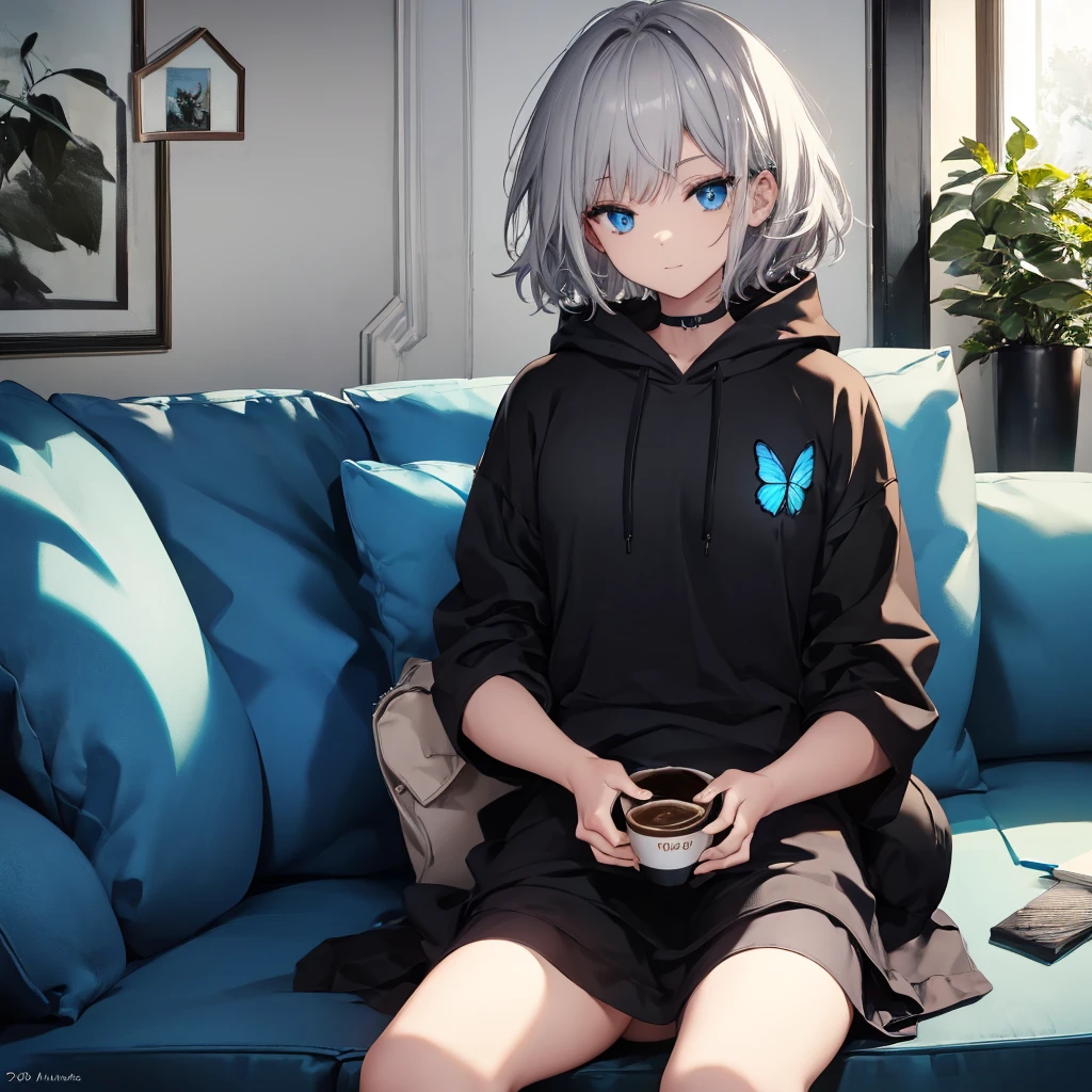 (((1 person Gray Hair Sit on the sofa Crossing your legs))) ((High resolution short hair Black hoodie Black Skirt Rin々Funny face)) ((blue eyes Close-up)) ((Blue Butterfly Asahi Shining Aura Catch the wind Drink coffee)) (smile Bathed in light) Shining Background Shining Edge