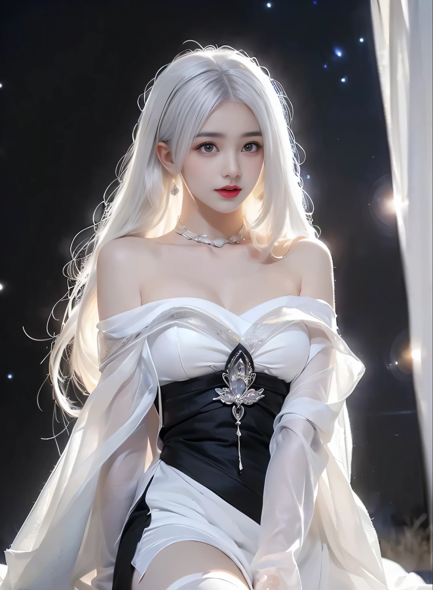 ((((From 这 knee up)), Night view, Stella, (((masterpiece:1.5, detailed:1.4)), top view, Backlight, A fantastic atmosphere envelopes this ancient city as this sun sets。At this center of this magical moment is a woman、(White-haired girl:1.5)and、Her beautiful hair、(Backlight)A sparkling white waterfall flows down from below.。Exudes mysterious charm、Suspended particles bloom in this surrounding air、Her beauty、(Beautiful white and shining skin:1.3)Exuding a mysterious light。this((A dress as black as this night sky))It is beautiful and decorated、The off-shoulder design makes the overall look more feminine, Clear white stockings,(((Large Breasts)))