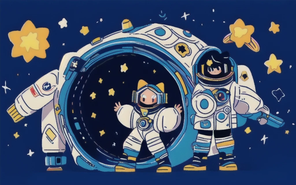 An astronaut woman wearing a space suit playing with stars in space, flat illustration, wonderland, neverland, masterpiece, artistic, business flat illustration, woman power, cyber punk, colorful,