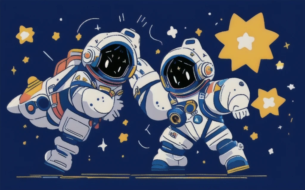 An astronaut woman wearing a space suit playing with stars in space, flat illustration, wonderland, neverland, masterpiece, artistic, business flat illustration, woman power, cyber punk, colorful,