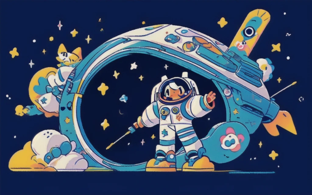 An astronaut woman wearing a space suit playing with stars in space, flat illustration, wonderland, neverland, masterpiece, artistic, business flat illustration, woman power, cyber punk, colorful, 