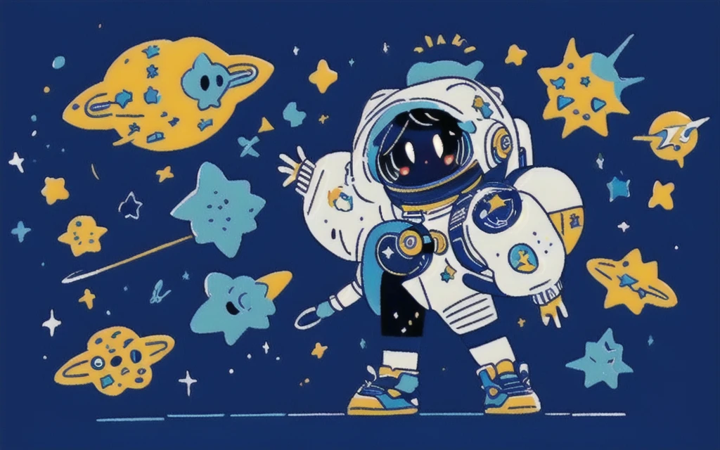 An astronaut woman wearing a space suit playing with stars in space, flat illustration, wonderland, neverland, masterpiece, artistic, business flat illustration, woman power, cyber punk, colorful,