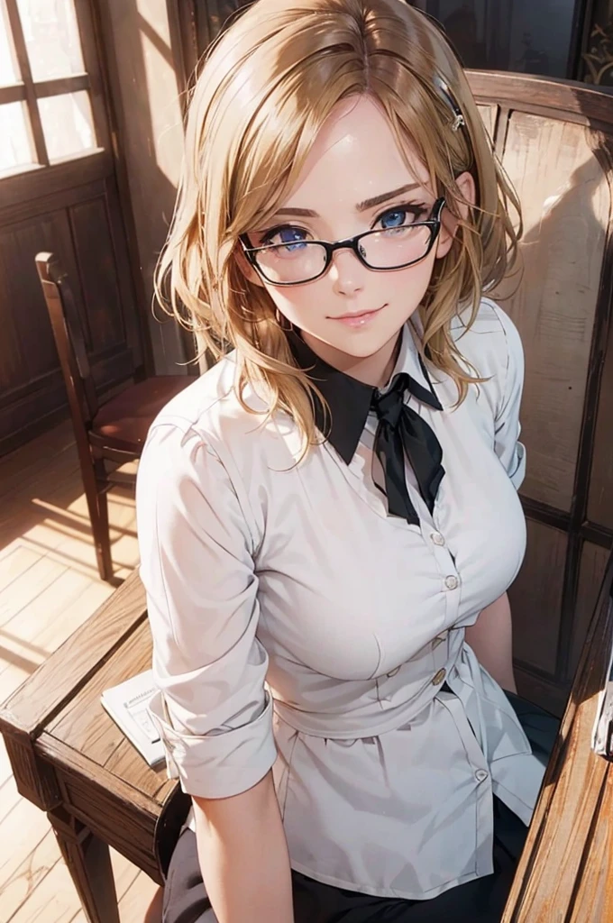 Masterpiece, 最high quality, high quality, High resolution, high quality texture, high quality shadows, High resolution, Beautiful details, Detailed CG, Detailed Texture, Realistic representation of face, Realistic, colorful, delicate, Cinematic Light, Side light, Lens flare, Ray Tracing, sharp concentrated, (1 Girl,concentrated:1.3), ( Intricate details, compensate, PureErosFaceV1:0.5), (細部まで美しいdelicateな顔, 緻密で美しいdelicateな瞳, Perfect Facial Proportions, Dense skin, Optimal ratio of four fingers to one thumb, Arms under chest, Modest chest, Wide Hips, Smooth upper abdomen, 30 years old, blue eyes, glasses,cabin attendant uniform,white blouse,tight fitting black skirt,black stockings, excellent secretary ,working as a secretary, wooden desk, wooden chair, house wife, the gaze of true love, lips of temptation, A look full of compassion ,a smile full of love, i love you, Acting lovey-dovey, air fortress hair, blonde hair, I love you so much I'm crazy,i love you