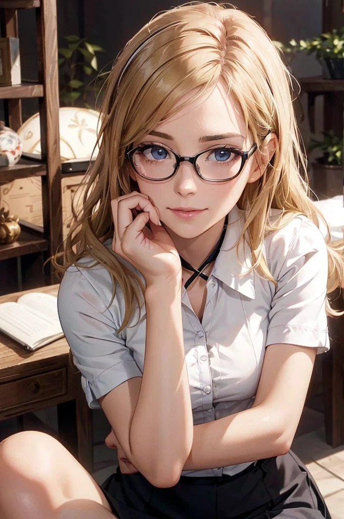 Masterpiece, 最high quality, high quality, High resolution, high quality texture, high quality shadows, High resolution, Beautiful details, Detailed CG, Detailed Texture, Realistic representation of face, Realistic, colorful, delicate, Cinematic Light, Side light, Lens flare, Ray Tracing, sharp concentrated, (1 Girl,concentrated:1.3), ( Intricate details, compensate, PureErosFaceV1:0.5), (細部まで美しいdelicateな顔, 緻密で美しいdelicateな瞳, Perfect Facial Proportions, Dense skin, Optimal ratio of four fingers to one thumb, Arms under chest, Modest chest, Wide Hips, Smooth upper abdomen, 30 years old, blue eyes, glasses,cabin attendant uniform,white blouse,tight fitting black skirt,black stockings, excellent secretary ,working as a secretary, wooden desk, wooden chair, house wife, the gaze of true love, lips of temptation, A look full of compassion ,a smile full of love, i love you, Acting lovey-dovey, air fortress hair, blonde hair, I love you so much I'm crazy,i love you
