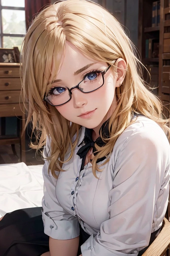 Masterpiece, 最high quality, high quality, High resolution, high quality texture, high quality shadows, High resolution, Beautiful details, Detailed CG, Detailed Texture, Realistic representation of face, Realistic, colorful, delicate, Cinematic Light, Side light, Lens flare, Ray Tracing, sharp concentrated, (1 Girl,concentrated:1.3), ( Intricate details, compensate, PureErosFaceV1:0.5), (細部まで美しいdelicateな顔, 緻密で美しいdelicateな瞳, Perfect Facial Proportions, Dense skin, Optimal ratio of four fingers to one thumb, Arms under chest, Modest chest, Wide Hips, Smooth upper abdomen, 30 years old, blue eyes, glasses,cabin attendant uniform,white blouse,tight fitting black skirt,black stockings, excellent secretary ,working as a secretary, wooden desk, wooden chair, house wife, the gaze of true love, lips of temptation, A look full of compassion ,a smile full of love, i love you, Acting lovey-dovey, air fortress hair, blonde hair, I love you so much I'm crazy,i love you