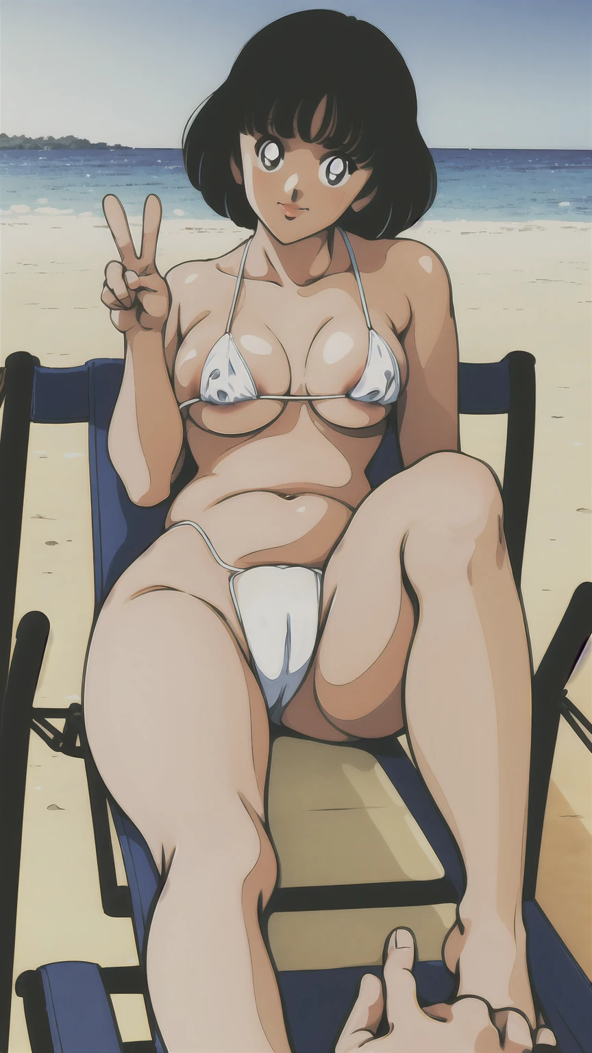 (((asakura minami:1.3))),((masterpiece)),((highest quality)),super detailed,(thin entire outline),enlightenment,explicit,((solo,1girl:1.3)),dutch angle,POV,black hair,medium hair on shoulders,black eyes,small nose,perfect body,beautiful body,beautiful character design,perfect eyes,perfect face,(happy,smile,red cheeks,having fun:1.2),small open mouth,perspiration,wallpaper,ultra high resolution,8k,photo shoot,(beautiful large breast:1.2),beautiful legs,perfect feet,beautiful skin,fair skin,smooth skin,official style,official art,make a screen cap,outdoor,(summer beach),sunshine,bright lighting,white bikini,(((micro bikini,protruding nipples,camel toe:1.2))),((wide spread legs,peace sign,relaxing on beach chair:1.3))