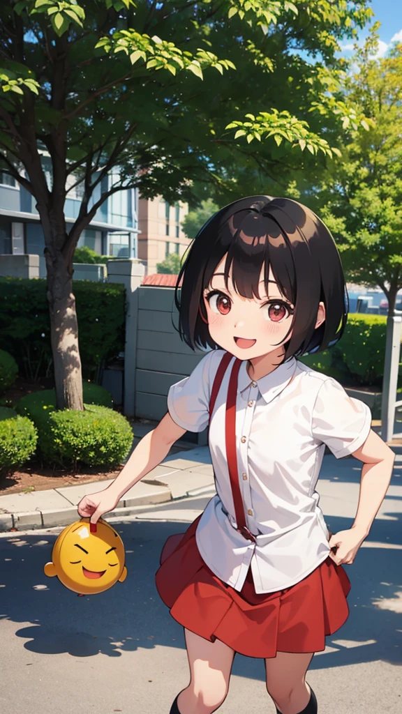 Chibi Maruko-chan, suspenders, black hair, short hair, red skirt, white shirt, smile, park, sun,