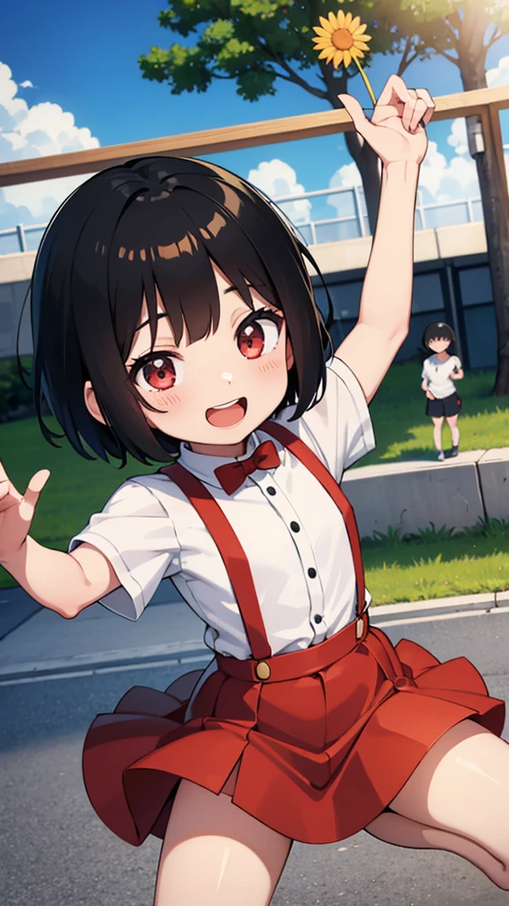 Chibi Maruko-chan, suspenders, black hair, short hair, red skirt, white shirt, smile, park, sun,