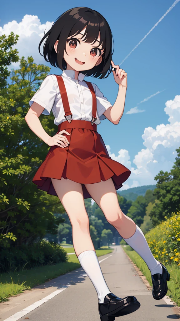 Chibi Maruko-chan, suspenders, black hair, short hair, red skirt, white shirt, smile, park, sun,