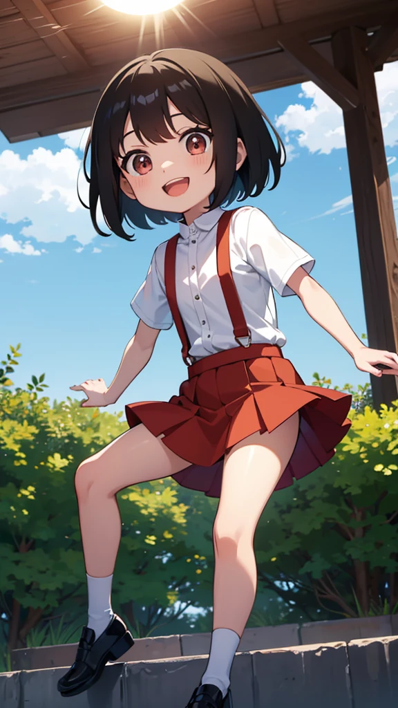 Chibi Maruko-chan, suspenders, black hair, short hair, red skirt, white shirt, smile, park, sun,