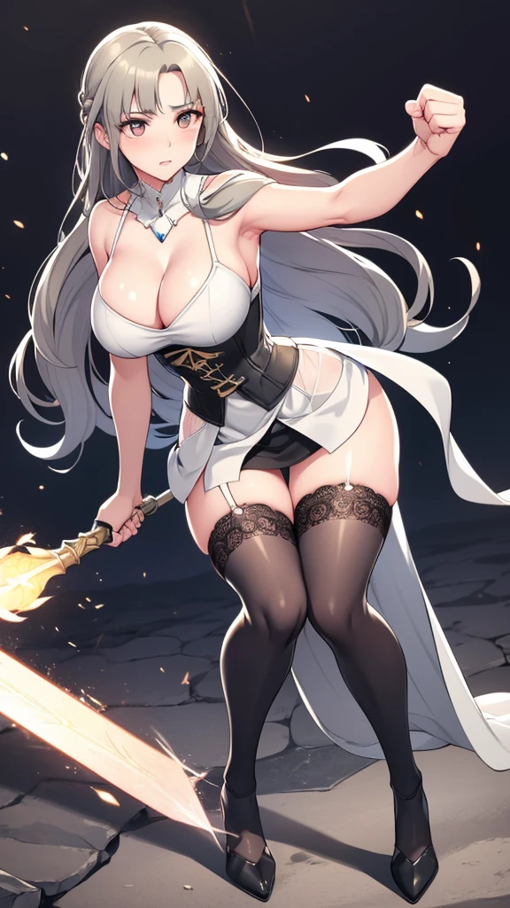 masterpiece, best quality, Mature women,, gray hair, Long Hair Flying,fantasy, middle Ages, On the war zone, dynamic poses, Beautiful and detailed light,black corset,White miniskirt,Lace exposed,Golden eyes,There are blue sword lights all around,silence,fist to the sky with right hand
