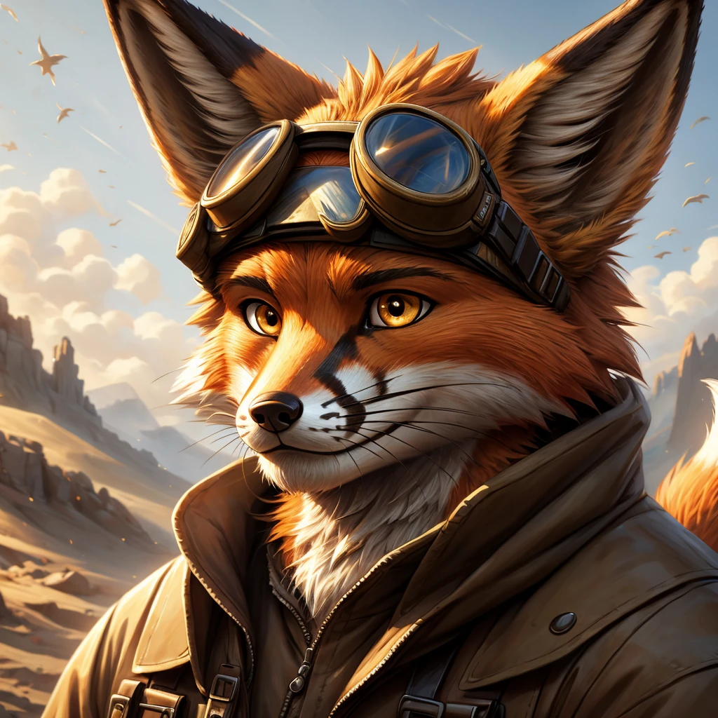(best picture quality),(masterpiece),(((the only person))),(Super detailed),(male fox:1.5), (brown skin:1), hairy,(brown fur:1),((golden pupils)) ,(gray ears),(hairy animal ears),((steppe)),goggles,natural lighting,complex background,Detailed face,details on face,Character focus,Detailed clothes,upper part of body,depth of field,lighting perfect,sharp focus,Character close-up