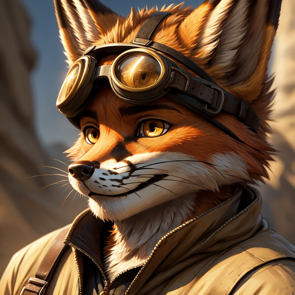 (best picture quality),(masterpiece),(((the only person))),(Super detailed),(male fox:1.5), (brown skin:1), hairy,(brown fur:1),((golden pupils)) ,(gray ears),(hairy animal ears),((steppe)),goggles,natural lighting,complex background,Detailed face,details on face,Character focus,Detailed clothes,upper part of body,depth of field,lighting perfect,sharp focus,Character close-up