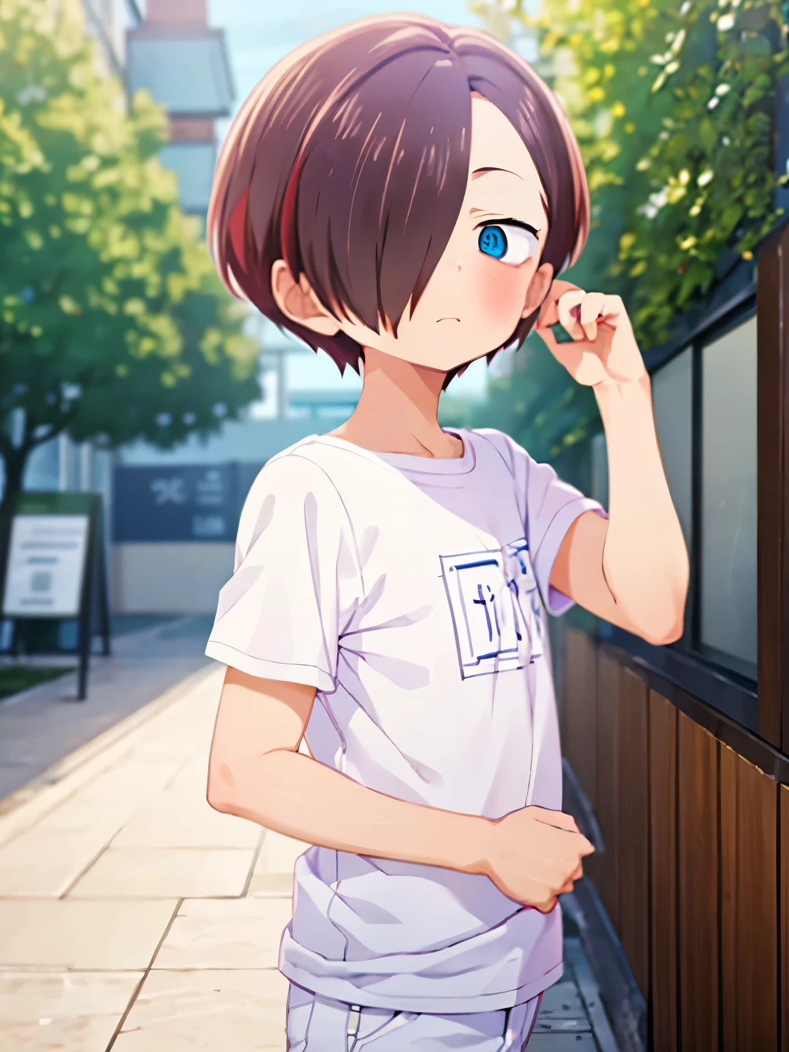 1boy, solo, male focus, kyoutarou_ichikawa, red hair, blue eyes, short hair, hair over one eye, bangs, Standing,blush, White t-shirt,Plain t-shirt, white trousers,Facing left, camera angle from the side, photo from the side, looking away,Hand holding ring,proposing