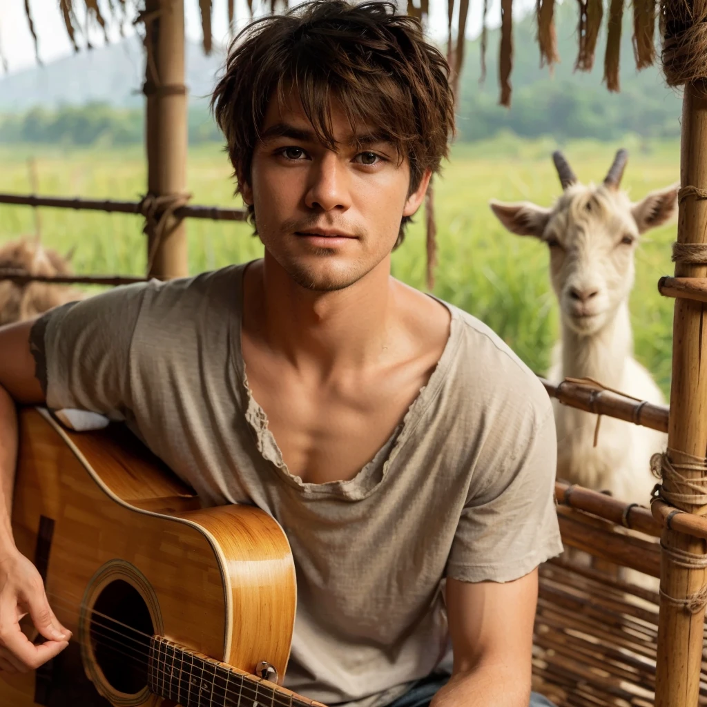a handsome man, clean face, shaggy hair, wearing a worn t-shirt, facing the camera, playing the guitar in a woven bamboo booth, no walls, near the man you can see a goat eating green grass, in the afternoon grassland, cool atmosphere , ornate details, masterpieces, soft golden hours, best quality,highest resolution