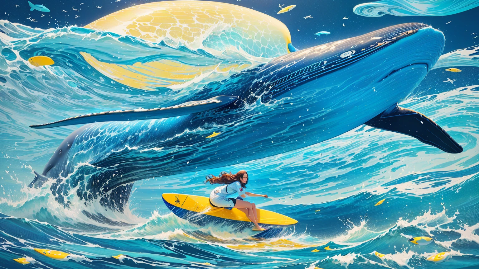 The painting shows a girl riding a surfboard,A whale in the background, inspired ByCyril Rolando, Just a joke, Cyril Rolandor style, James R. European Aviation Agency, Cyril Rolando 和 M. Vacaruta, Cyril Rolando 和 M.Vacaruta, ByCyril Rolando, Cyril Rolando and Goro Fujita