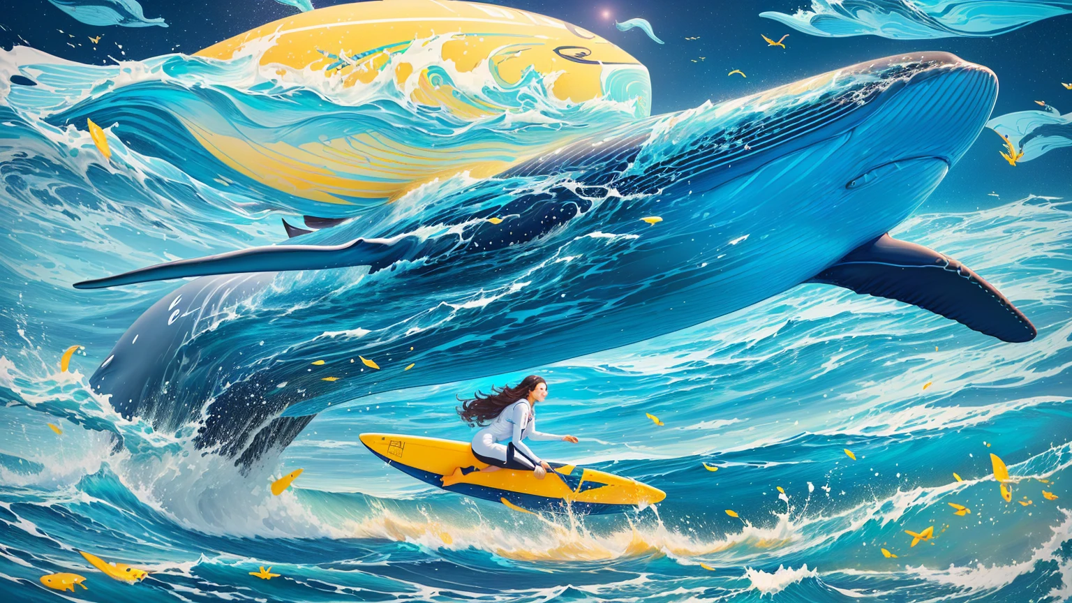 The painting shows a girl riding a surfboard,A whale in the background, inspired ByCyril Rolando, Just a joke, Cyril Rolandor style, James R. European Aviation Agency, Cyril Rolando 和 M. Vacaruta, Cyril Rolando 和 M.Vacaruta, ByCyril Rolando, Cyril Rolando and Goro Fujita