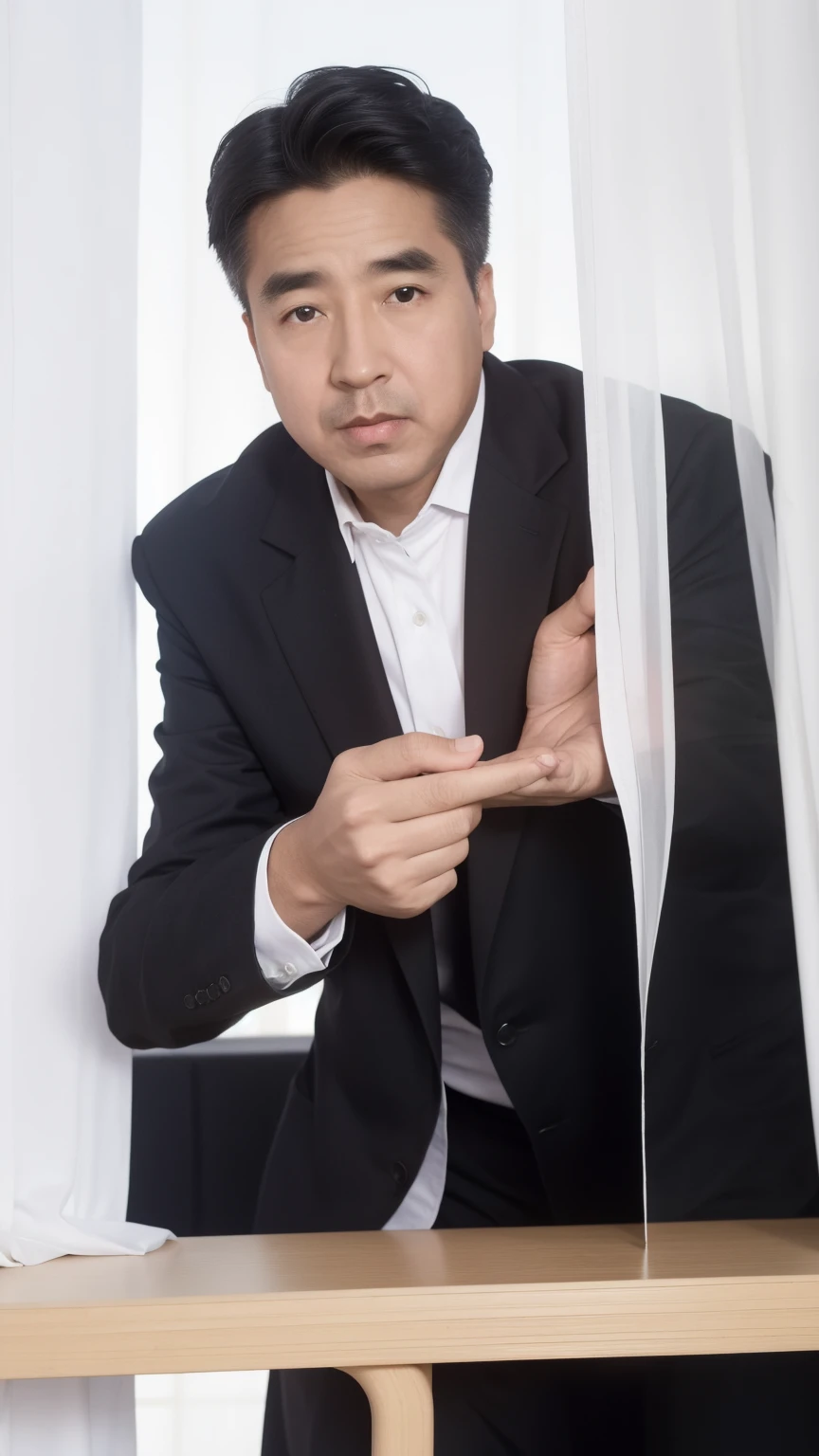 40-year-old male, Soft headlight,High-density imaging,(Thin face),((Black suit)),((Various dynamic poses)),((((Half-length photo)))),((Background is white curtain)),best quality,masterpiece,(Soft colors:1.2)
