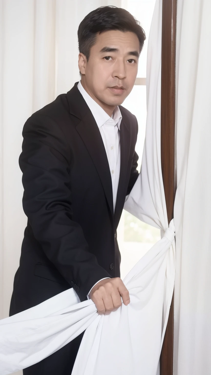 40-year-old male, Soft headlight,High-density imaging,(Thin face),((Black suit)),((Various dynamic poses)),((((Half-length photo)))),((Background is white curtain)),best quality,masterpiece,(Soft colors:1.2)