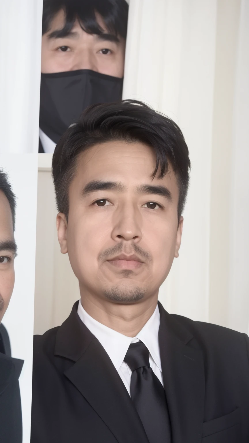 40-year-old male, Soft headlight,High-density imaging,(Thin face),((Black suit)),((Various dynamic poses)),((((Half-length photo)))),((Background is white curtain)),best quality,masterpiece,(Soft colors:1.2)