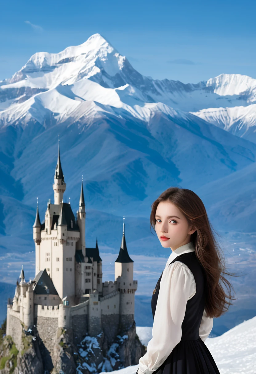 ((masterpiece)),best quality, illustration, dark, 1 Girl, In the wilderness,Mountain High,Snow-capped mountains in the distance, castle, Beautiful and delicate eyes, Beautiful and fine hair,