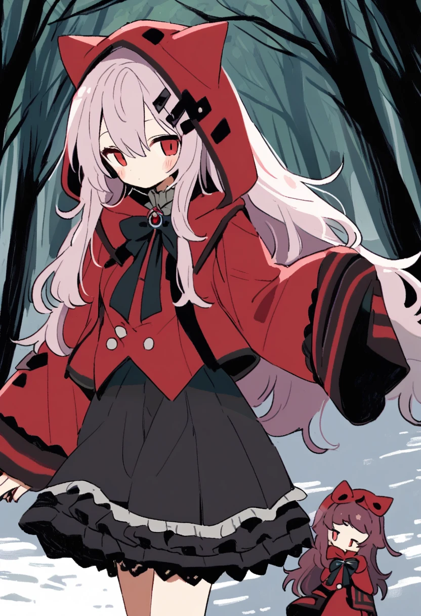 tegaki 1girl 1boy Red hooded girl Wolf ears boy In the forest Gothic Lolita