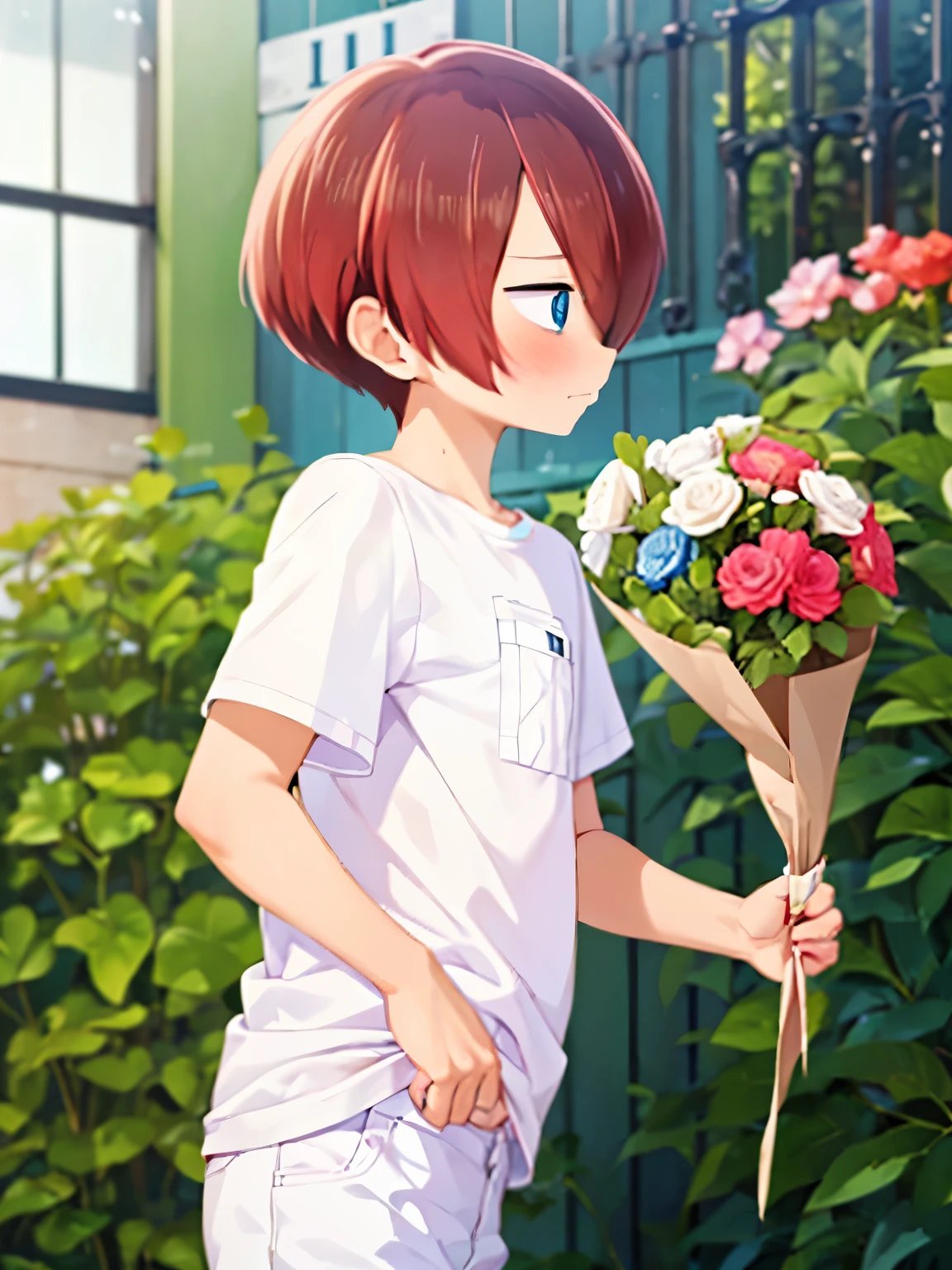 1boy, solo, male focus, kyoutarou_ichikawa, red hair, blue eyes, short hair, hair over one eye, bangs, Standing,blush, White t-shirt,Plain t-shirt, white trousers,Facing left, camera angle from the side, photo from the side, looking away,Hand holding a bouquet of flowers