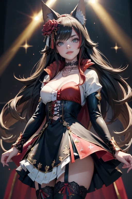 1girl, long hair, long flowing hair, floating hair, ornament hair, perfectly body, perfectly hands, rose on hair, red rose on hair, 1 girl, Looking at the audience, flowing hair, Beautiful Eyes, Plump and glossy lips, Idol, dress with too many frills, black dress, red laces, black Short skirt, , small skirt, skirt with layers, Drape clothes, red gem, Lace trim, bright stage, luxury gold details, gold jewelry, more details, best quality, Big sparkling eyes, blushing, Striped Lace Stockings, black Lolita skirt, sparkle, solo, centered girl, cowboy shot, perfectly body, perfectly hands, two arms, two legs, two hands, five fingers, perfect anatomy, glowing hair, red roses, on the stage, sparkles, more details on her clothes, dress with transparency, golden details on her dress, night, holding a microphone, ((4k, masterpiece, top-quality)), 8k, best quality, high resolution, UHD, (illustration:0.8), super cute girl, delicate and beautiful face, mature girl, super cute hairstyle, (beautiful detailed eyes:1.6), extremely detailed face, perfect lighting, extremely detailed CG, (perfect hands, perfect anatomy), Best quality, cleavage