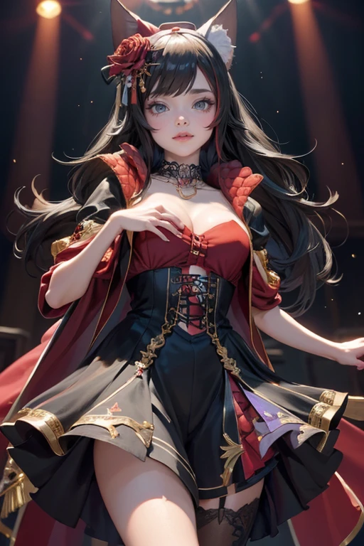 1girl, long hair, long flowing hair, floating hair, ornament hair, perfectly body, perfectly hands, rose on hair, red rose on hair, 1 girl, Looking at the audience, flowing hair, Beautiful Eyes, Plump and glossy lips, Idol, dress with too many frills, black dress, red laces, black Short skirt, , small skirt, skirt with layers, Drape clothes, red gem, Lace trim, bright stage, luxury gold details, gold jewelry, more details, best quality, Big sparkling eyes, blushing, Striped Lace Stockings, black Lolita skirt, sparkle, solo, centered girl, cowboy shot, perfectly body, perfectly hands, two arms, two legs, two hands, five fingers, perfect anatomy, glowing hair, red roses, on the stage, sparkles, more details on her clothes, dress with transparency, golden details on her dress, night, holding a microphone, ((4k, masterpiece, top-quality)), 8k, best quality, high resolution, UHD, (illustration:0.8), super cute girl, delicate and beautiful face, mature girl, super cute hairstyle, (beautiful detailed eyes:1.6), extremely detailed face, perfect lighting, extremely detailed CG, (perfect hands, perfect anatomy), Best quality, cleavage