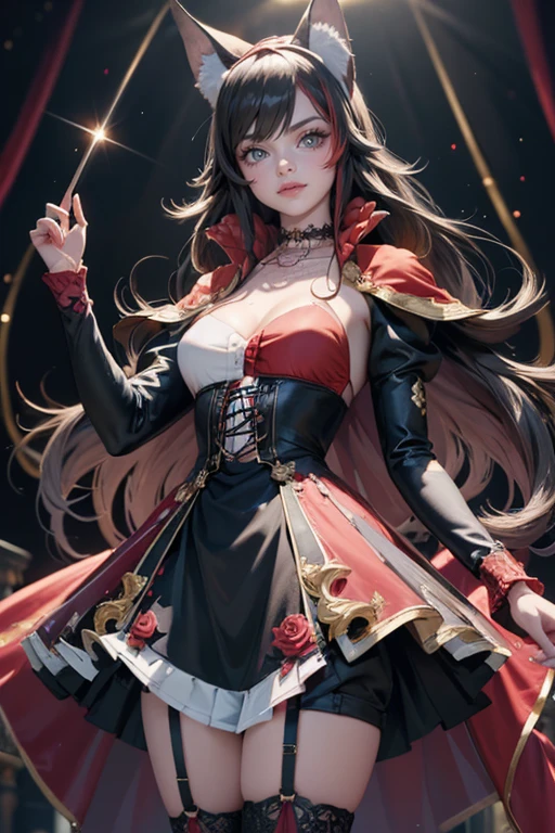 1girl, long hair, long flowing hair, floating hair, ornament hair, perfectly body, perfectly hands, rose on hair, red rose on hair, 1 girl, Looking at the audience, flowing hair, Beautiful Eyes, Plump and glossy lips, Idol, dress with too many frills, black dress, red laces, black Short skirt, , small skirt, skirt with layers, Drape clothes, red gem, Lace trim, bright stage, luxury gold details, gold jewelry, more details, best quality, Big sparkling eyes, blushing, Striped Lace Stockings, black Lolita skirt, sparkle, solo, centered girl, cowboy shot, perfectly body, perfectly hands, two arms, two legs, two hands, five fingers, perfect anatomy, glowing hair, red roses, on the stage, sparkles, more details on her clothes, dress with transparency, golden details on her dress, night, holding a microphone, ((4k, masterpiece, top-quality)), 8k, best quality, high resolution, UHD, (illustration:0.8), super cute girl, delicate and beautiful face, mature girl, super cute hairstyle, (beautiful detailed eyes:1.6), extremely detailed face, perfect lighting, extremely detailed CG, (perfect hands, perfect anatomy), Best quality, cleavage