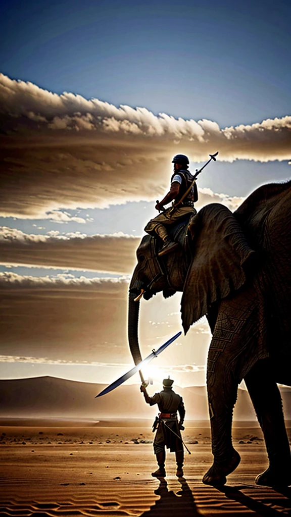 A Muslim man full of courage and confidence carries a sword in his hand, ready to fight against troops riding elephants. The dramatic atmosphere takes place in the background of a vast and barren desert. Very real, high resolution, 8k resolution, intricate details