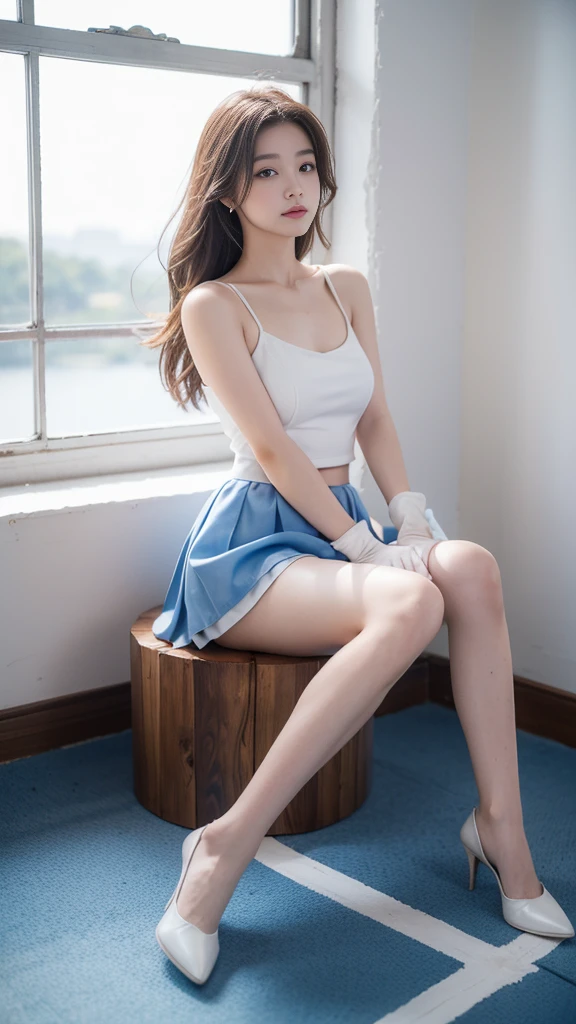 best quality, masterpiece, 1 girl, Solitary, ferry, Long hair, ferryBase, Raise your legs, Bare shoulders, Jewelry, sleeveless, White Dress, Blue Skirt, Gloves, ground room, ground, wooden ground, sit, sit on ground, Place your hands on your legs, A faint smile, Soft Light, whole body, Wide hips, Medium breasts