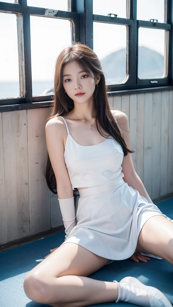 best quality, masterpiece, 1 girl, Solitary, ferry, Long hair, ferryBase, Raise your legs, Bare shoulders, Jewelry, sleeveless, White Dress, Blue Skirt, Gloves, ground room, ground, wooden ground, sit, sit on ground, Place your hands on your legs, A faint smile, Soft Light, whole body, Wide hips, Medium breasts