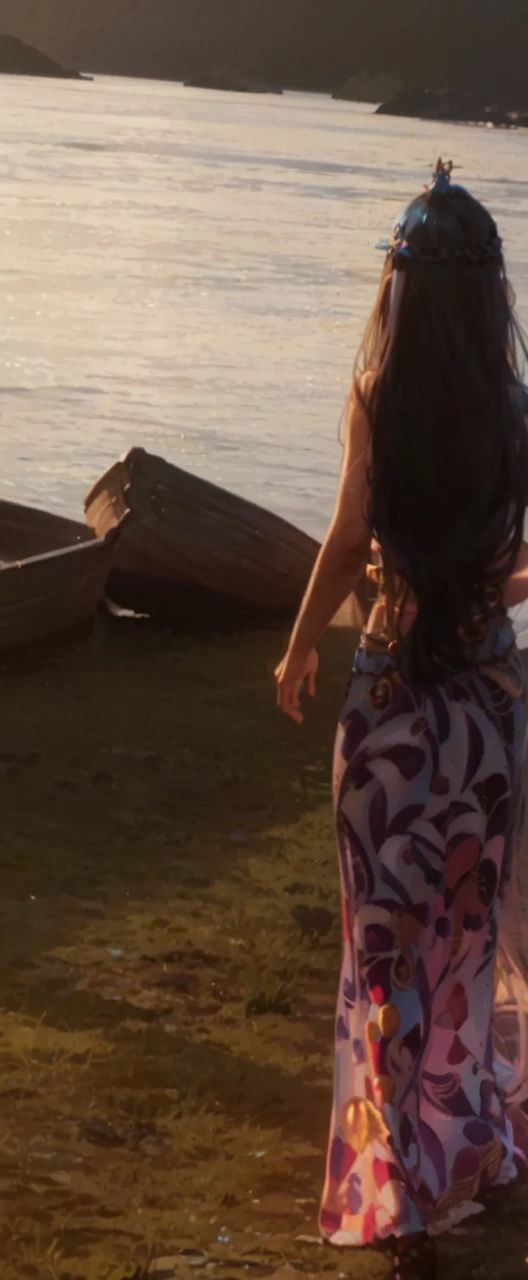 Queen Amphitrite is a medium-sized light blue mermaid with long, flowing black hair and purple hoop earrings. She has a blue tail and a belly button. She also wears a golden crown, a belt, a green bra with light purple clam shells, and two golden clasps on each of her wrists. SPARKLE; GLITTER