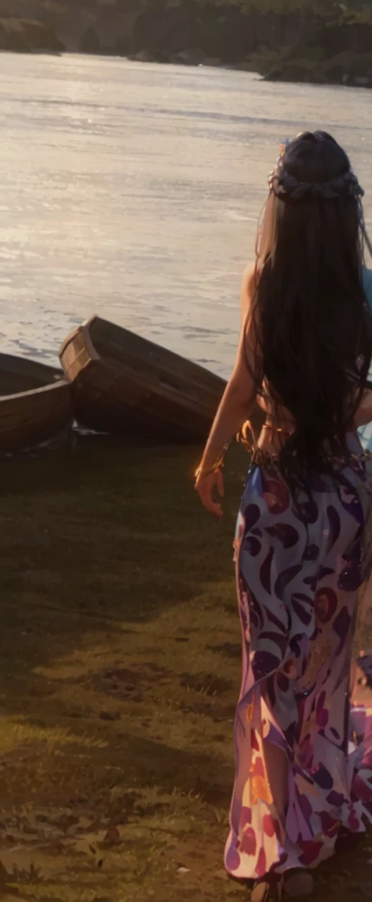 Queen Amphitrite is a medium-sized light blue mermaid with long, flowing black hair and purple hoop earrings. She has a blue tail and a belly button. She also wears a golden crown, a belt, a green bra with light purple clam shells, and two golden clasps on each of her wrists. SPARKLE; GLITTER