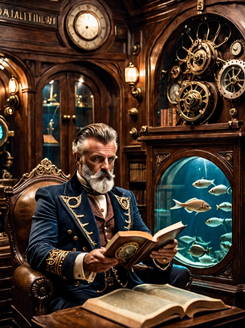 photo focus on male focus, indoors, realistic scenery, (captain nemo:1.1), retro-futuristic,  looking at a book about fish, steampunk nautilus-style. very wide shot, character photo portrait, film, professional, 4k