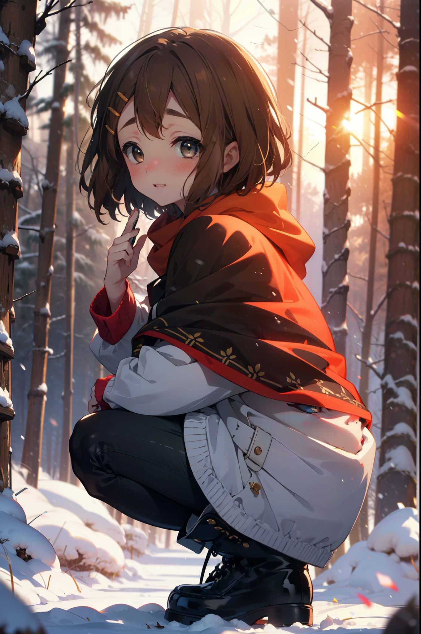 yuihirasawa, Yui Hirasawa, short hair, Brown Hair, hair ornaments, (Brown eyes:1.5), Hair Clip、smile,smile,blush,White Breath,
Open your mouth,snow,Ground bonfire,, Outdoor, boots, snowing, From the side, wood, suitcase, Cape, Blurred, , forest, White handbag, nature,  Squat, Mouth closed, Cape, winter, Written boundary depth, Black shoes, red Cape break looking at viewer, Upper Body, whole body, break Outdoor, forest, nature, break (masterpiece:1.2), Highest quality, High resolution, unity 8k wallpaper, (shape:0.8), (Beautiful and beautiful eyes:1.6), Highly detailed face, Perfect lighting, Extremely detailed CG, (Perfect hands, Perfect Anatomy),