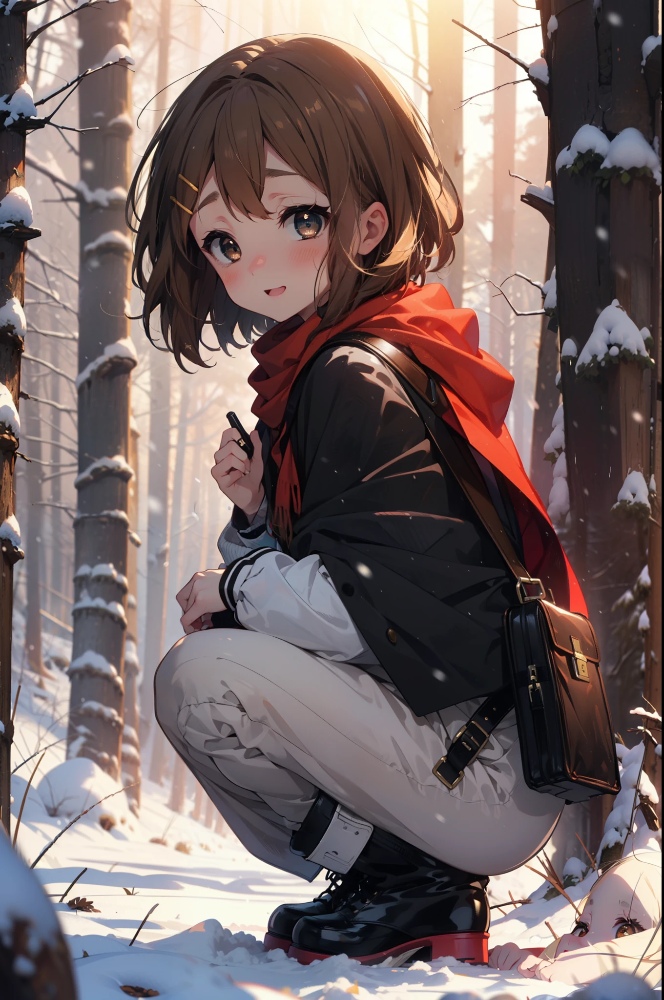 yuihirasawa, Yui Hirasawa, short hair, Brown Hair, hair ornaments, (Brown eyes:1.5), Hair Clip、smile,smile,blush,White Breath,
Open your mouth,snow,Ground bonfire,, Outdoor, boots, snowing, From the side, wood, suitcase, Cape, Blurred, , forest, White handbag, nature,  Squat, Mouth closed, Cape, winter, Written boundary depth, Black shoes, red Cape break looking at viewer, Upper Body, whole body, break Outdoor, forest, nature, break (masterpiece:1.2), Highest quality, High resolution, unity 8k wallpaper, (shape:0.8), (Beautiful and beautiful eyes:1.6), Highly detailed face, Perfect lighting, Extremely detailed CG, (Perfect hands, Perfect Anatomy),