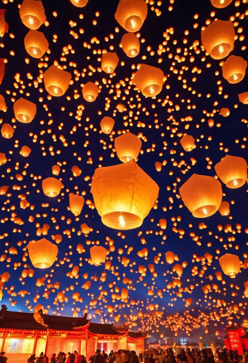 Chinese festival atmosphere，Beautiful and dreamy，Kongming Lantern Wishing Lantern