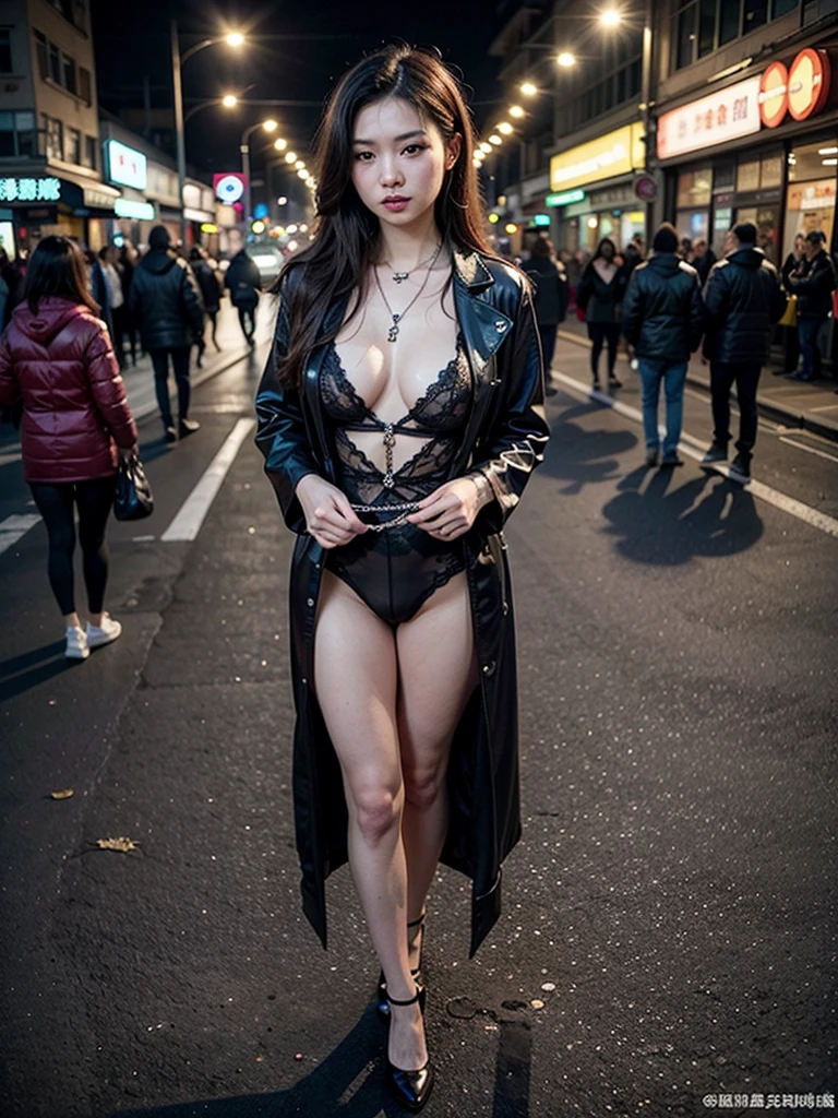 Full-body photo, The most cheap Chinese godness prostitute, streetwhore,streethooker,40 years old,A very clear face,An open sexy coat,revealing Chinese whore outfit,black sexy stockings, tatto on the face and breast, Standing by the dirty roadside,soliciting clients on a night poor and dirty street, night, eye contact, looking at client,A sexy and teasing expression, masterpiece, best quality, perfect detail, perfect face detail, perfect eye detail, perfect skin detail, have to many man, perfect lighting,Breasts larger than torso。smooth and delicate woman。Sexy hot woman,cheap and sexy prostitute。Hairpin。whores cloth。full-body shot,High heel。Cultivation clothing。exposed。 Chinese cheap and sexy costumes。vintage sexy clothing。Fengguanxiapei。neck with a slave chain。camel toe。full-body shot。