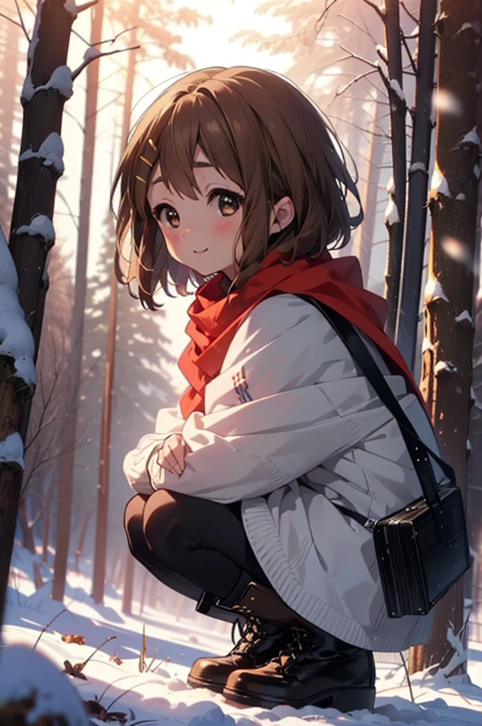 yuihirasawa, Yui Hirasawa, short hair, Brown Hair, hair ornaments, (Brown eyes:1.5), Hair Clip、smile,smile,blush,White Breath,
Open your mouth,snow,Ground bonfire,, Outdoor, boots, snowing, From the side, wood, suitcase, Cape, Blurred, , forest, White handbag, nature,  Squat, Mouth closed, Cape, winter, Written boundary depth, Black shoes, red Cape break looking at viewer, Upper Body, whole body, break Outdoor, forest, nature, break (masterpiece:1.2), Highest quality, High resolution, unity 8k wallpaper, (shape:0.8), (Beautiful and beautiful eyes:1.6), Highly detailed face, Perfect lighting, Extremely detailed CG, (Perfect hands, Perfect ???????),