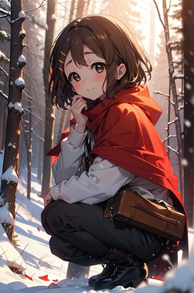 yuihirasawa, Yui Hirasawa, short hair, Brown Hair, hair ornaments, (Brown eyes:1.5), Hair Clip、smile,smile,blush,White Breath,
Open your mouth,snow,Ground bonfire,, Outdoor, boots, snowing, From the side, wood, suitcase, Cape, Blurred, , forest, White handbag, nature, Squat, Mouth closed, Cape, winter, Written boundary depth, Black shoes, red Cape break looking at viewer, Upper Body, whole body, break Outdoor, forest, nature, break (masterpiece:1.2), Highest quality, High resolution, unity 8k wallpaper, (shape:0.8), (Beautiful and beautiful eyes:1.6), Highly detailed face, Perfect lighting, Extremely detailed CG, (Perfect hands, Perfect Anatomy),