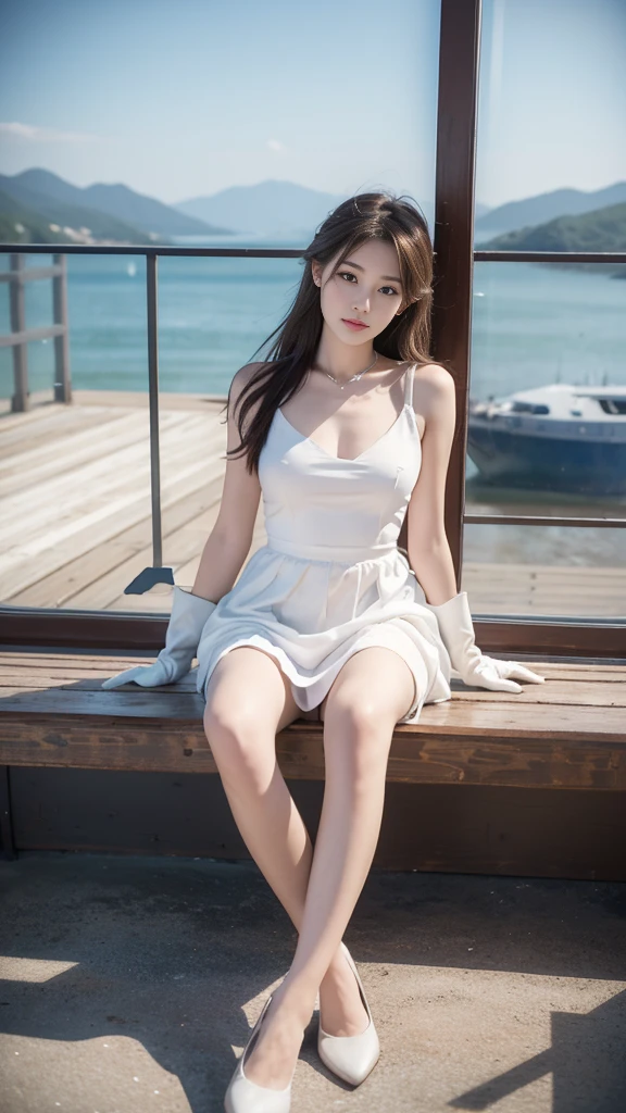 best quality, masterpiece, 1 girl, Solitary, ferry, Long hair, ferryBase, Raise your legs, Bare shoulders, Jewelry, sleeveless, White Dress, Blue Skirt, Gloves, ground room, ground, wooden ground, sit, sit on ground, Place your hands on your legs, A faint smile, Soft Light, whole body, Wide hips, Medium breasts