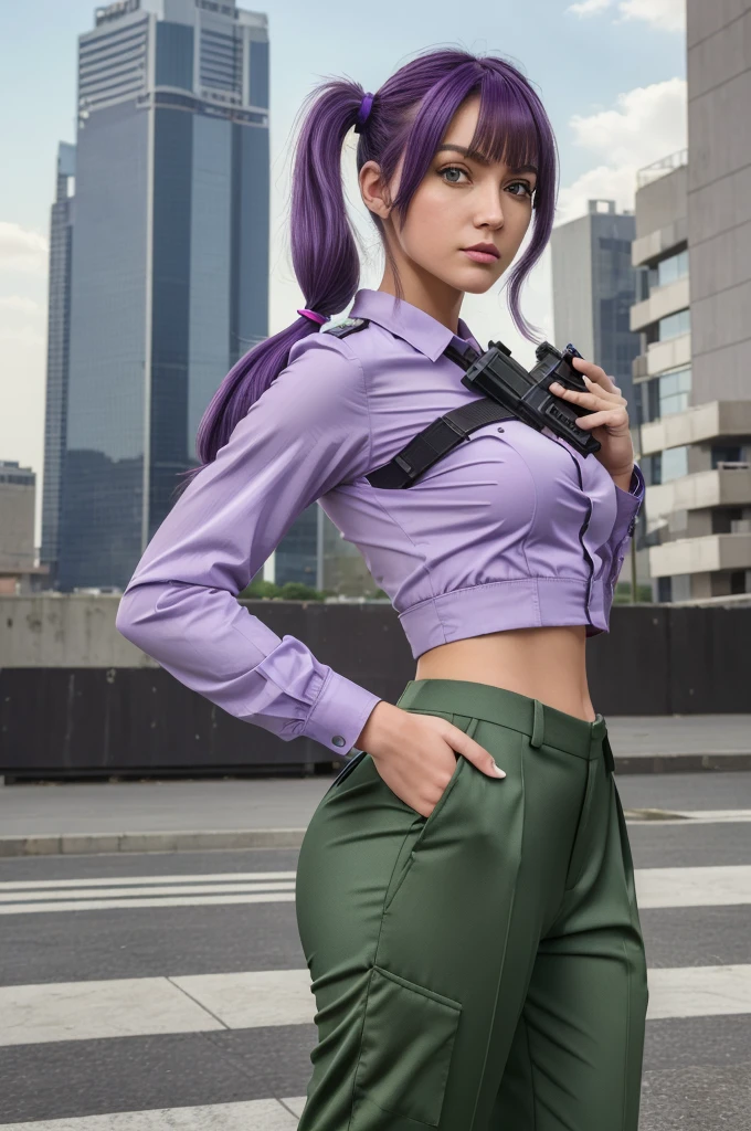 ((masterpiece)), ((best quality)), ((highres)), 1girl, solo, police officer, (matching pants, slacks), city backdrop, (holding and aiming pistol, detailed pistol, glock 22, trigger discipline), standing, medium hair, (purple hair, twintails), (green eyes),