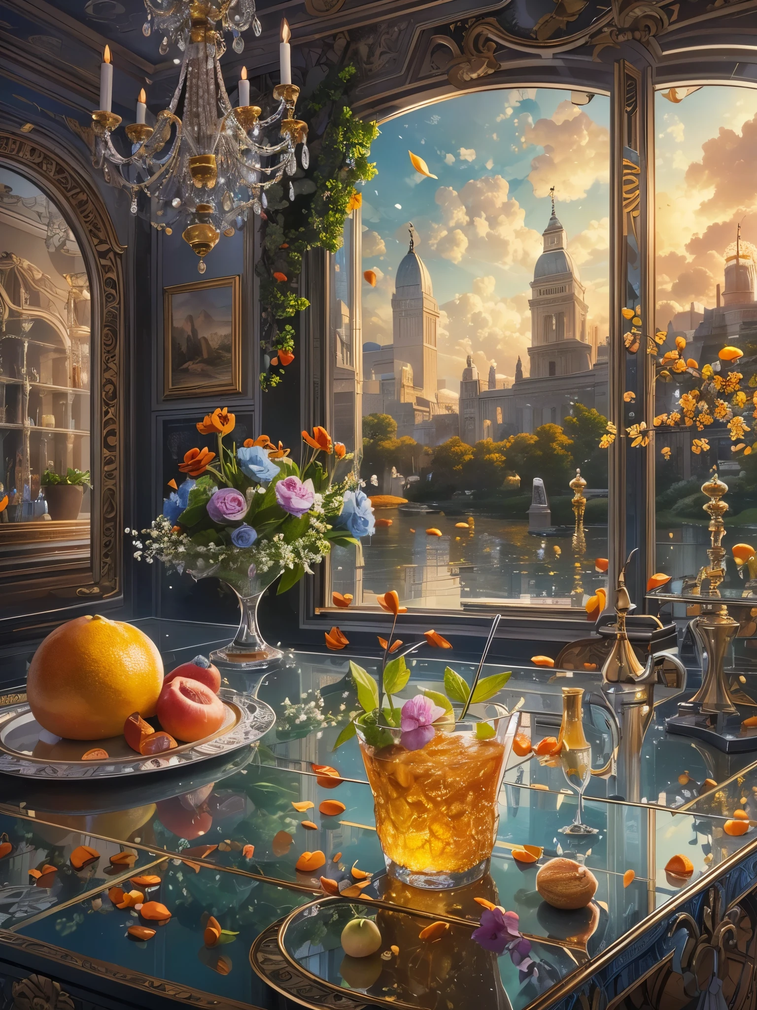 ((Highest quality)),(Ultra-high resolution),(Very detailed),(Detailed Description),((The best CG)),(A masterpiece),Ultra-detailed art,Amazing painting art,(Art with precise detail:1.5), Sparkling:1.3, fruits:1.1, glass,Cocktail, mirror:1.6