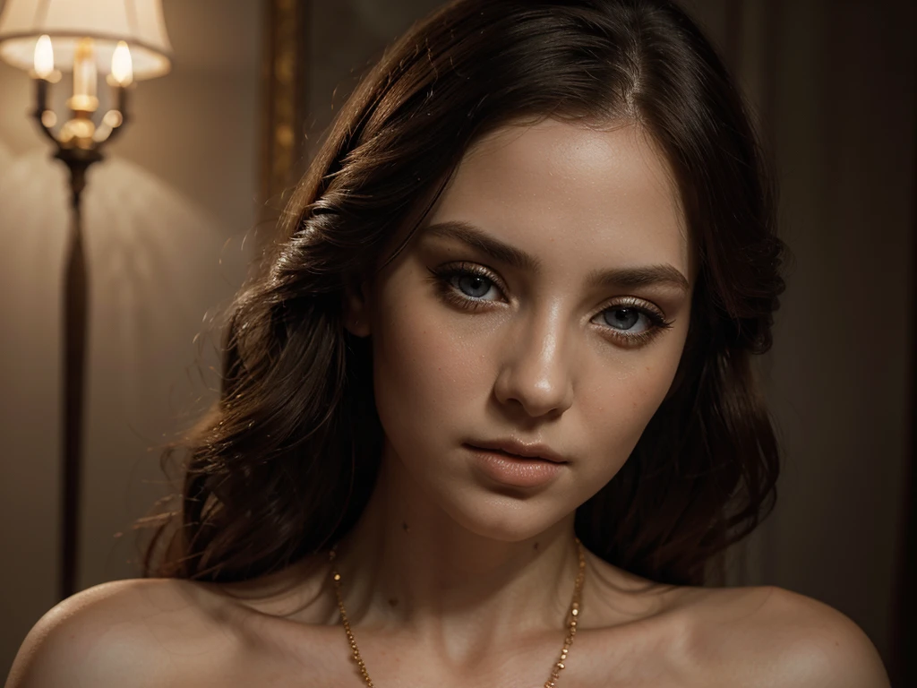 A chiaroscuro portrait of a woman, beautiful detailed eyes, beautiful detailed lips, extremely detailed eyes and face, long eyelashes, porcelain skin, elegant hairstyle, intricate jewelry, dramatic lighting, Renaissance style, dramatic shadows, warm golden tones, dramatic chiaroscuro lighting, ultra-detailed, 8k, photorealistic, masterpiece, cinematic, dramatic atmosphere, elegant and regal