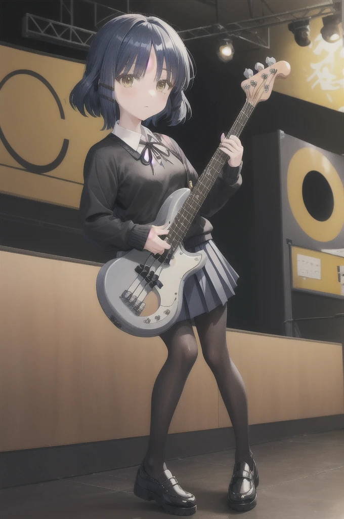 yamada ryo, hair ornament, black sweater, neck ribbon, pleated skirt, black pantyhose
masterpiece, best quality, absurdres, standing, stage, holding instrument, bass guitar, holding bass