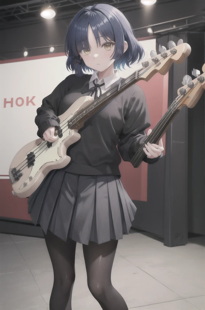 yamada ryo, hair ornament, black sweater, neck ribbon, pleated skirt, black pantyhose
masterpiece, best quality, absurdres, standing, stage, holding instrument, bass guitar, holding bass