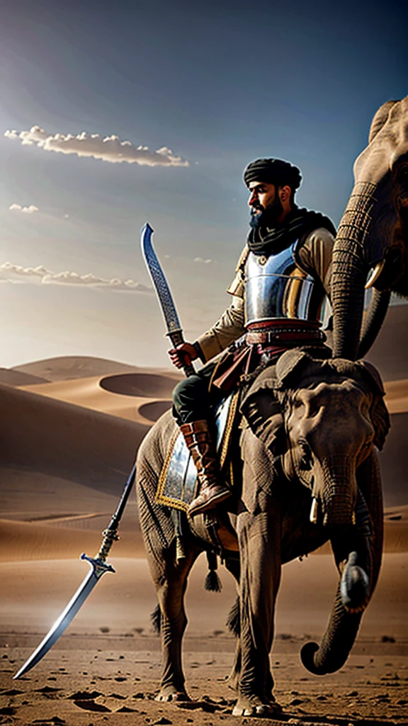 A Muslim man full of courage and confidence carries a sword in his hand, ready to fight against troops riding elephants. The dramatic atmosphere takes place in the background of a vast and barren desert. Very real, high resolution, 8k resolution, intricate details